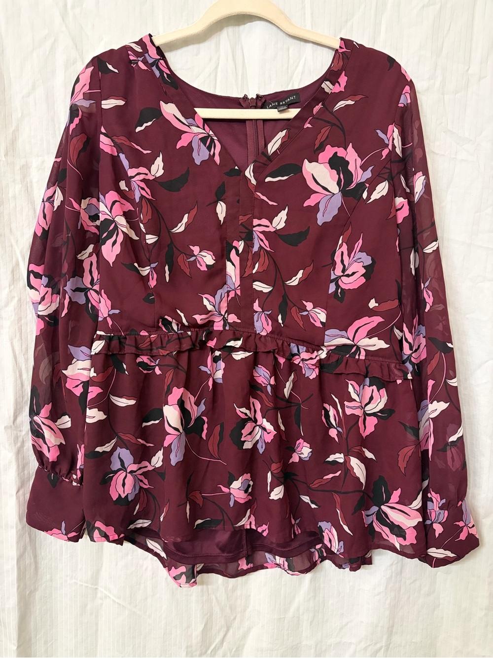 Lane Bryant Burgundy Floral Peplum Blouse with Pink Accents